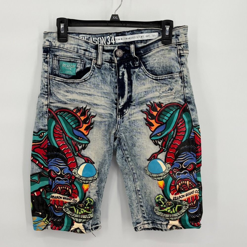 Reason NYC Mens 34 Acid Wash Denim Shorts Graphic Gorilla Snake Alien Blue Y2K